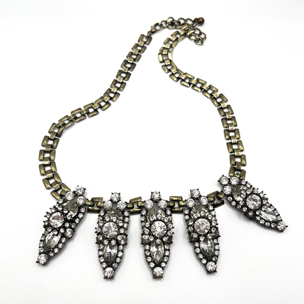 Vintage Sparkling Statement Necklace Clear Rhinestone Brass Tone Bib Collar 18"‎